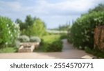 Outdoor scene in mallorca with blurred greenery and pathway, capturing a defocused, serene garden view with bokeh effect