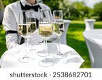 Outdoor scene with a person serving four glasses of champagne on a tray, suggesting a luxury event or celebration