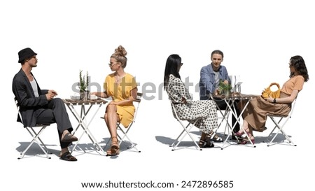 Outdoor café scene with young and trendy people sitting and relaxing isolated on white background