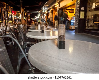 Outdoor seatings of cafe/restaurants in Melbourne's Degraves Street -- one of the city’s most popular tourist laneway. VIC Australia