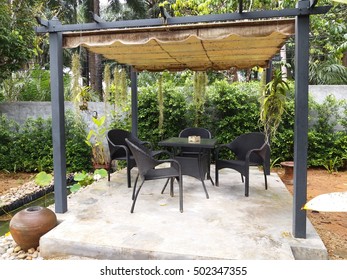 Outdoor Set Of Table And Chairs With Awning Patio Terrace In Garden