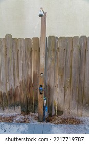 Outdoor Shower Area At The Beach Resort Or Swimming Pool In Destin Florida. Public Bathing Place For People To Wash Up Before Or After Swimming.