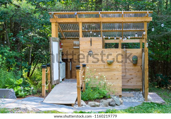 Outdoor Shower Composting Toilet Stall Glamping Stock Photo Edit