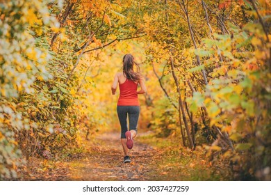 Outdoor Sports Active Lifestyle Runner Running In Forest Woods Foliage With Autumn Yellow Leaves. Woman Jogging Away View From Behind.