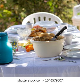 Outdoor Spring Or Summer Casual Garden Party Set Up For Lunch Dinner