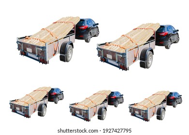 Outdoor Stacking The Logs On Utility Trailer For Transport On White Background Isolated And Clipping Path.