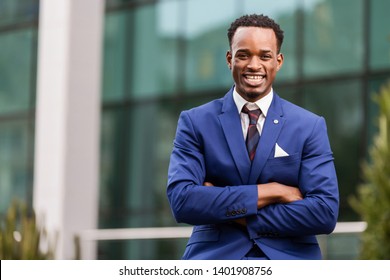 Outdoor Standing Portrait Of A Black African American Business Man 
