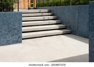 Outdoor steps with terrazzo material. Flooring and Wall with terrazzo materials. Garden decoration.