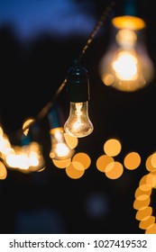 Outdoor String Lights Hanging On A Line In Backyard