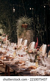 Outdoor Summer Banquet Table Sun-kissed By The Afternoon Light And Decorated In Pastel Tones In A Rustic Style
