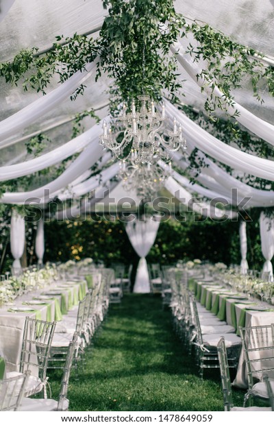 Outdoor Summer Wedding Tent Decorated Hanging Royalty Free