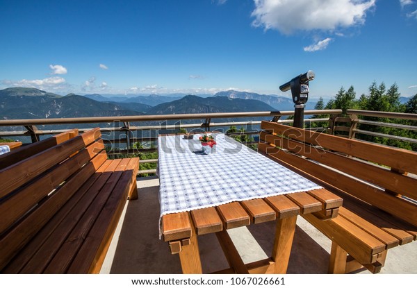 Outdoor Table Alpine Cottage Restaurant Overlooking Stock Photo