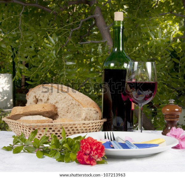 Outdoor Table Decorating Wine Bottle Glass Stock Photo Edit Now 107213963