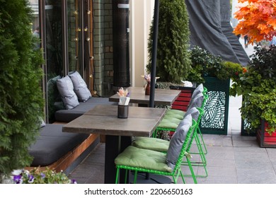 Outdoor Tables In The Restaurant. Cafe Summer Veranda