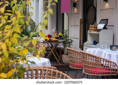 Outdoor Tables In The Restaurant. Cafe Summer Veranda