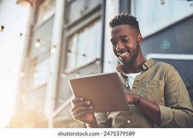 Outdoor, tablet and black man with email, smile and communication with college, notification and online. Education, campus and acceptance to university, happiness and African person in Atlanta - Powered by Shutterstock