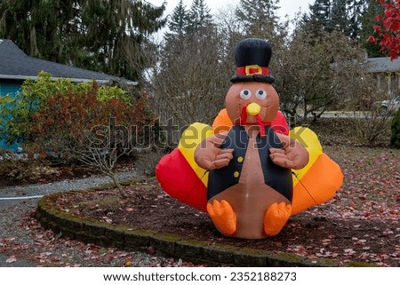 Outdoor Thanksgiving decoration. Inflatable turkey figure in the hat. Traditional Thanksgiving yard decor. Turkey shape balloon