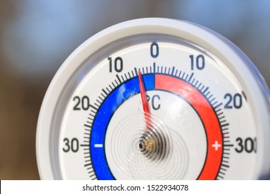 Outdoor thermometer with Celsius scale showing cold minus 4 degrees temperature - dramatic weather change or cold wave concept - Powered by Shutterstock