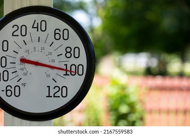 Outdoor thermometer in the shade during heatwave. Hot weather, high temperature and heat warning concept.