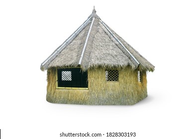 Outdoor tiki hut, beach hut bar, hay thatch hut, tribal hut, straw beach bar, tropical bungalow isolated on white background with clipping path.