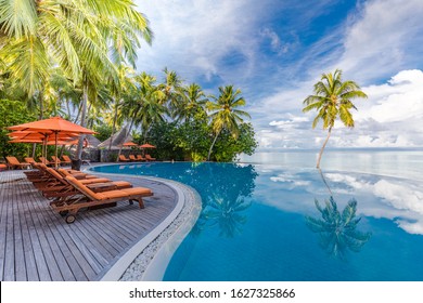 Outdoor tourism landscape. Luxurious beach resort with swimming pool and beach chairs or loungers under umbrellas with palm trees and blue sky. Summer travel and vacation background concept 