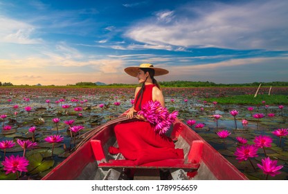 Outdoor traveler woman on boat joy beautiful nature scenic landscape blooming red lotus flower on lake, Tourist girl travel Phatthalung Thailand summer holiday vacation trips, Tourism destination Asia