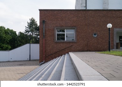 Outdoor view of funeral architecture crematorium building in functionalism style