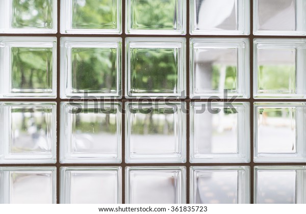 Outdoor view through glass\
bricks.