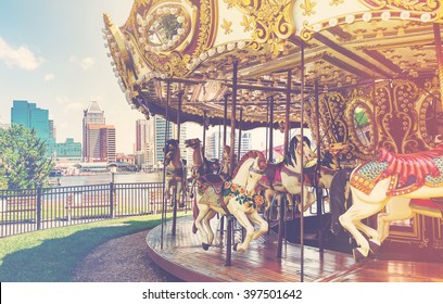 Outdoor Vintage Flying Horse Carousel In The The City 