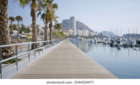 Outdoor walkway with blurred palm trees and marina in background showcasing boats and distant city buildings - Powered by Shutterstock