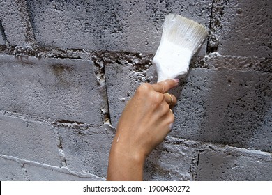 Outdoor Wall Painting By Color Brush. Handyman Painting Concrete Block Wall. 