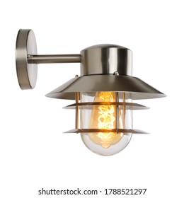 Outdoor Wall Sconce Light Isolated On White. Rustik Facade Lighting Fixtures. Modern Electric Light Fixture With Led Bulb. Exterior Electrical Decoration Lights. Chandelier Lighting Front Side View