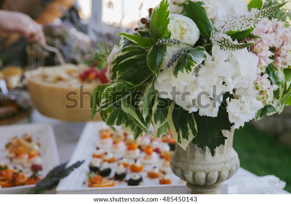 Outdoor Wedding Reception Catering Decorated Vase Stock Photo