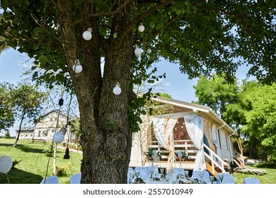 Outdoor wedding reception tree with hanging string lights rustic decor wooden house background white draped curtains green lawn sunny day festive atmosphere elegant table setting nature celebration. - Powered by Shutterstock