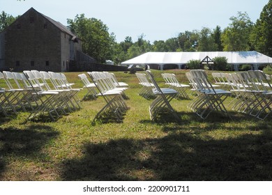 The Outdoor Wedding Venue Is All Set-up With White Chairs And Signage For The Happy Ceremony. Horsham, PAUSA September 9, 2022.