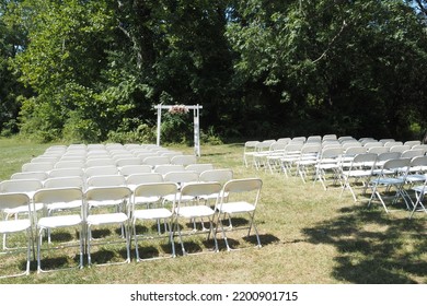 The Outdoor Wedding Venue Is All Set-up With White Chairs And Signage For The Happy Ceremony. Horsham, PAUSA September 9, 2022.