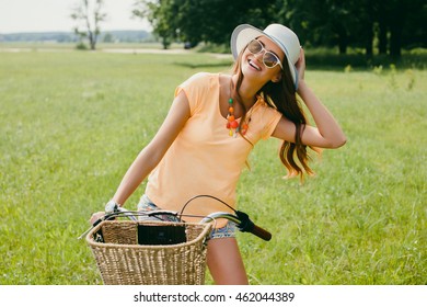 Outdoor Woman Portrait On Bike Cycle, Happy Face, Hat, Hipster Girl, Close Up. Spring, Sunglasses Fashion, Cute, Emotional