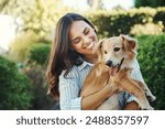 Outdoor, woman and smile for dog hug with bonding time, loyalty and best friends together in garden. Happy pet owner, girl and embrace with puppy for love, mental health and emotional support animal