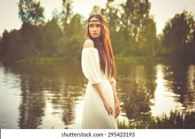 Outdoors Fashion  Photo Of Beautiful Bohemian Lady At River