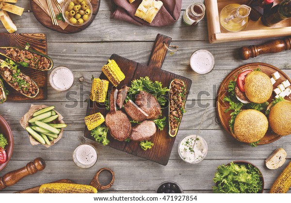 Outdoors Food Concept On Wooden Table Stock Photo (Edit Now) 471927854