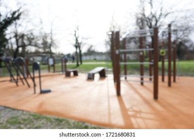 Outdoors Gym Sports Equipment In A Public Park Sporty Trainer City Park Blurred Background Healthy Lifestyle Concept