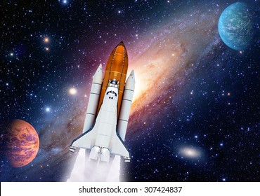 Outer space shuttle rocket launch spaceship universe planet stars. Elements of this image furnished by NASA.