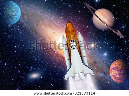 Outer space travel shuttle rocket launch spaceship spacecraft planet. Elements of this image furnished by NASA.