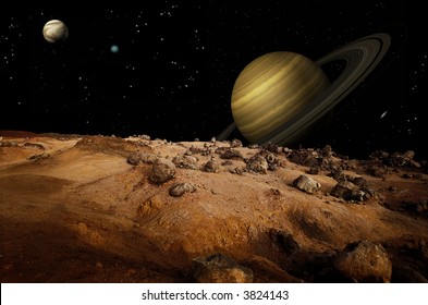 Outerspace Shot From One Of Saturn's Moons Showing Saturn In The Background