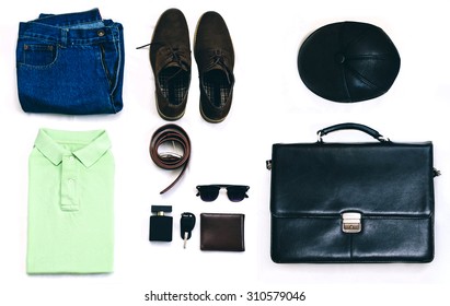 Outfit Of Clothes Young Man With Vintage Blue Jeans, Green Polo Shirt, Brown Suede Shoes, Clubmaster Sunglasses, Purse And Other On The White Background