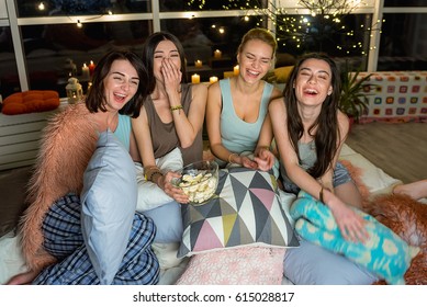 Outgoing Ladies Watching Cinema At Home