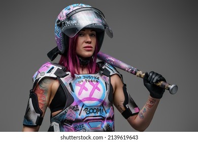 Outlaw Woman With Baseball Bat Dressed In Helmet And Armor