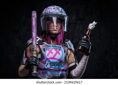 Outlaw Woman Protester With Molotov Cocktail Against Dark Background