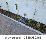 outlet of the drainage pipe with flap against the entry of rodents. the stone throw slows down water flow and soil erosion. retaining wall where the man shows tilting, bark mulch