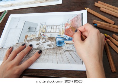 Outline drawings for the design of the kitchen design, everything is drawn in pencil. Beautiful, brick walls. - Shutterstock ID 1024710523